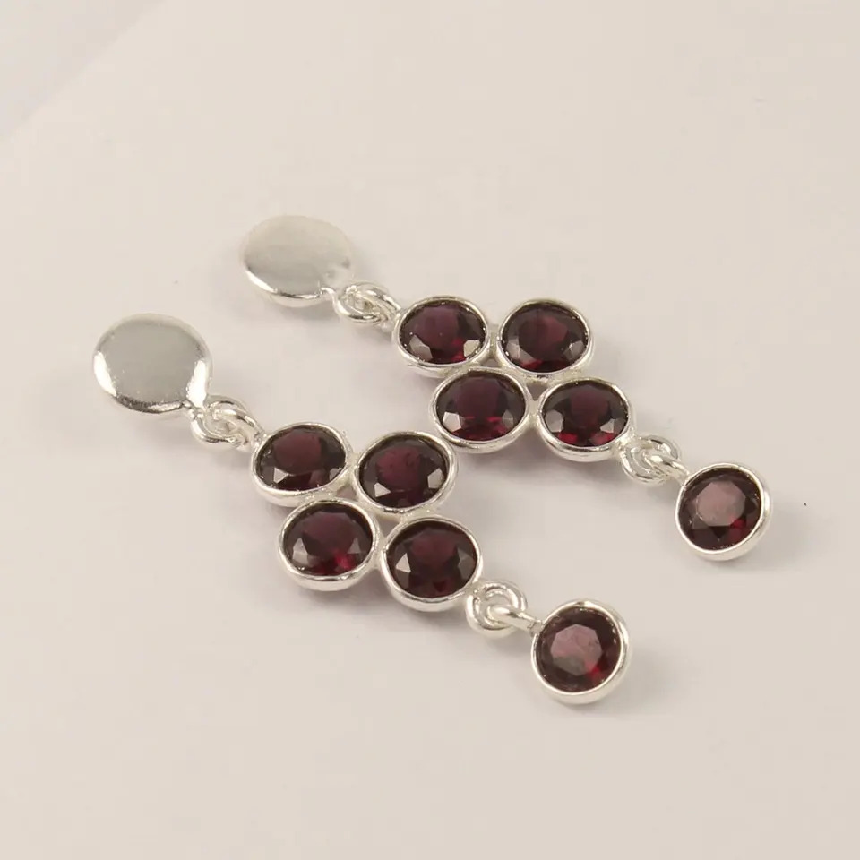925 Sterling Silver Bezel Garnet Round Gemstones Dangling Hoop Earrings