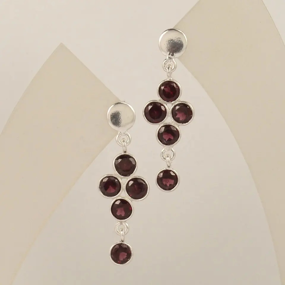 925 Sterling Silver Bezel Garnet Round Gemstones Dangling Hoop Earrings