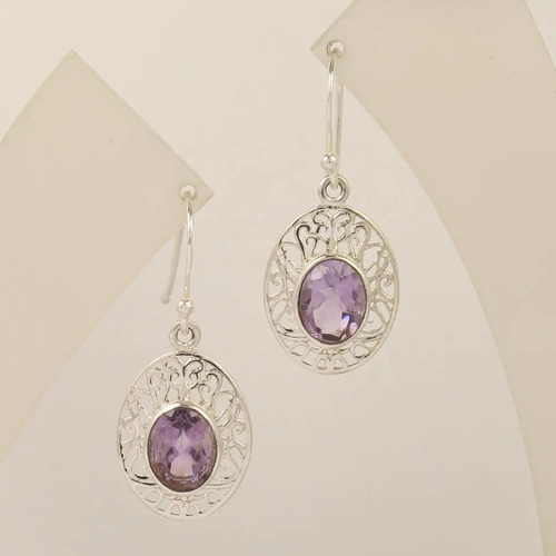 925 Sterling Silver Beautiful Amethyst Oval Shape Earrings Jewelry