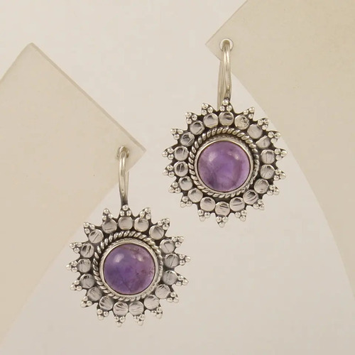 925 Sterling Silver Unique Amethyst Round Shape Flower Earrings