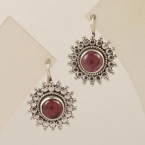 925 Sterling Silver Unique Garnet Round Shape Flower Earrings