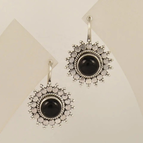 925 Sterling Silver Unique Black Onyx Round Shape Flower Earrings