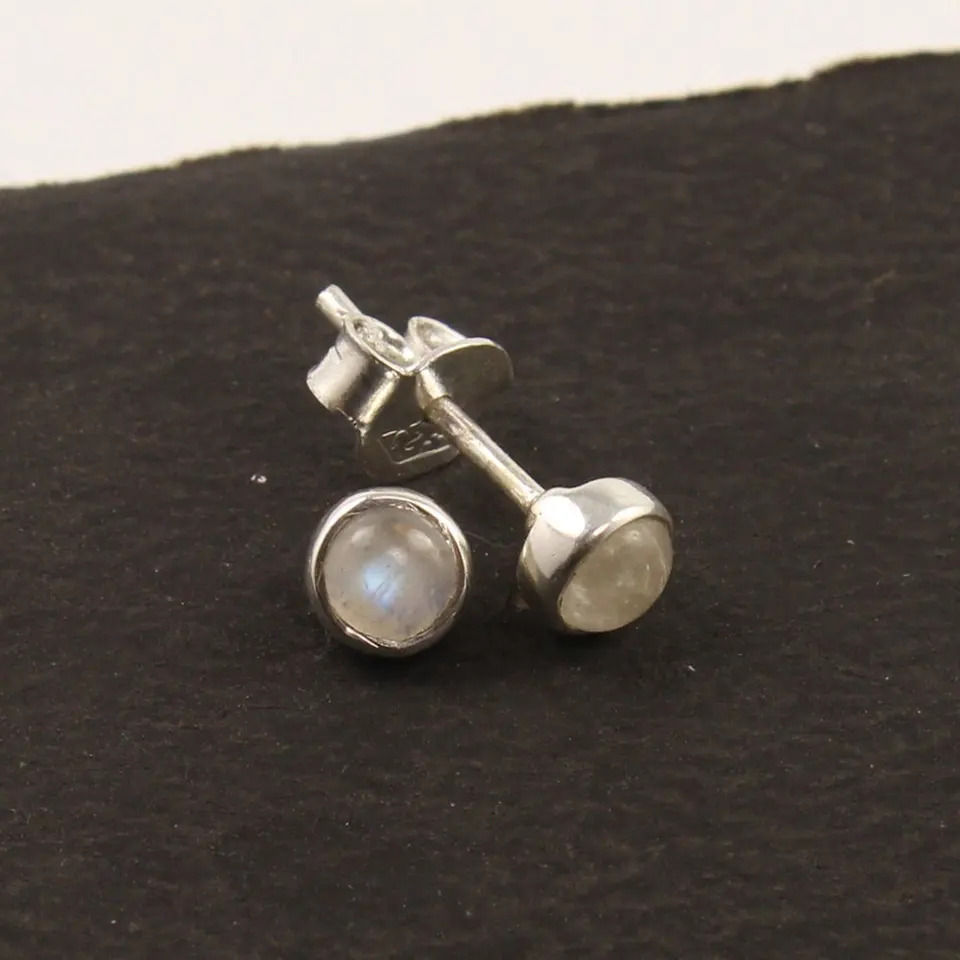 925 Sterling Silver Unique Small Cute Moonstone Round Stone Stud Earrings