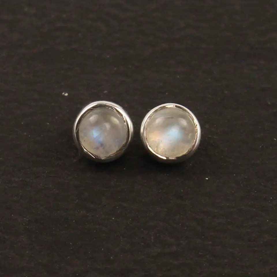 925 Sterling Silver Unique Small Cute Moonstone Round Stone Stud Earrings