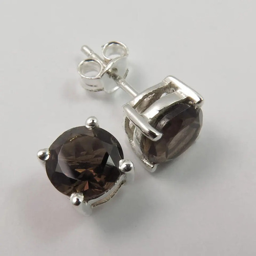 925 Sterling Silver Unique Natural Smoky Quartz Round Stone Stud Earrings