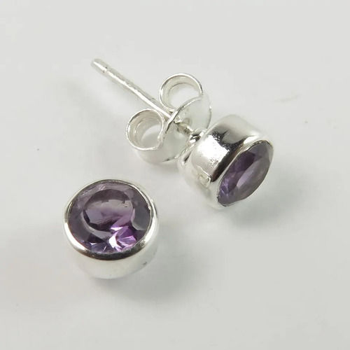 925 Sterling Silver Unique Small Amethyst Round Stone Stud Earrings