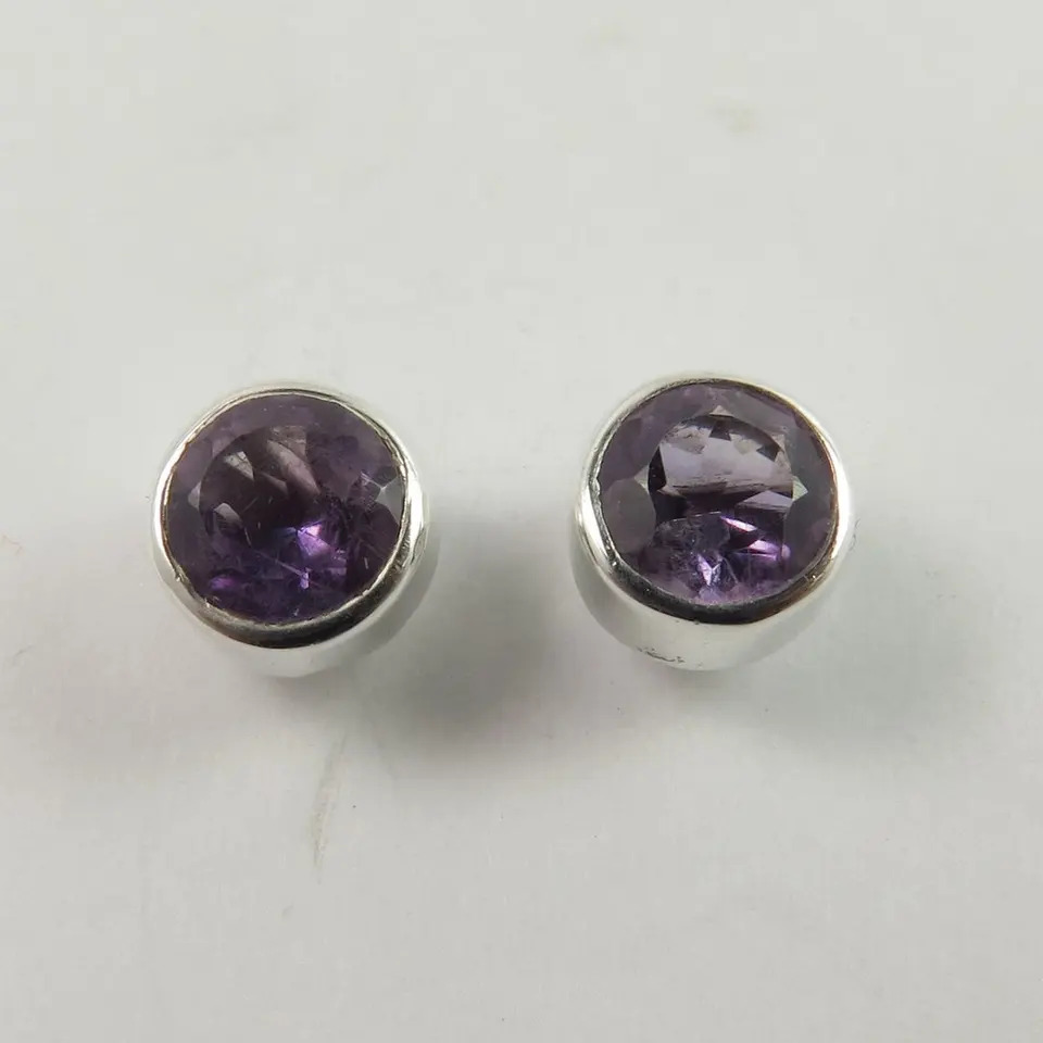 925 Sterling Silver Unique Small Amethyst Round Stone Stud Earrings