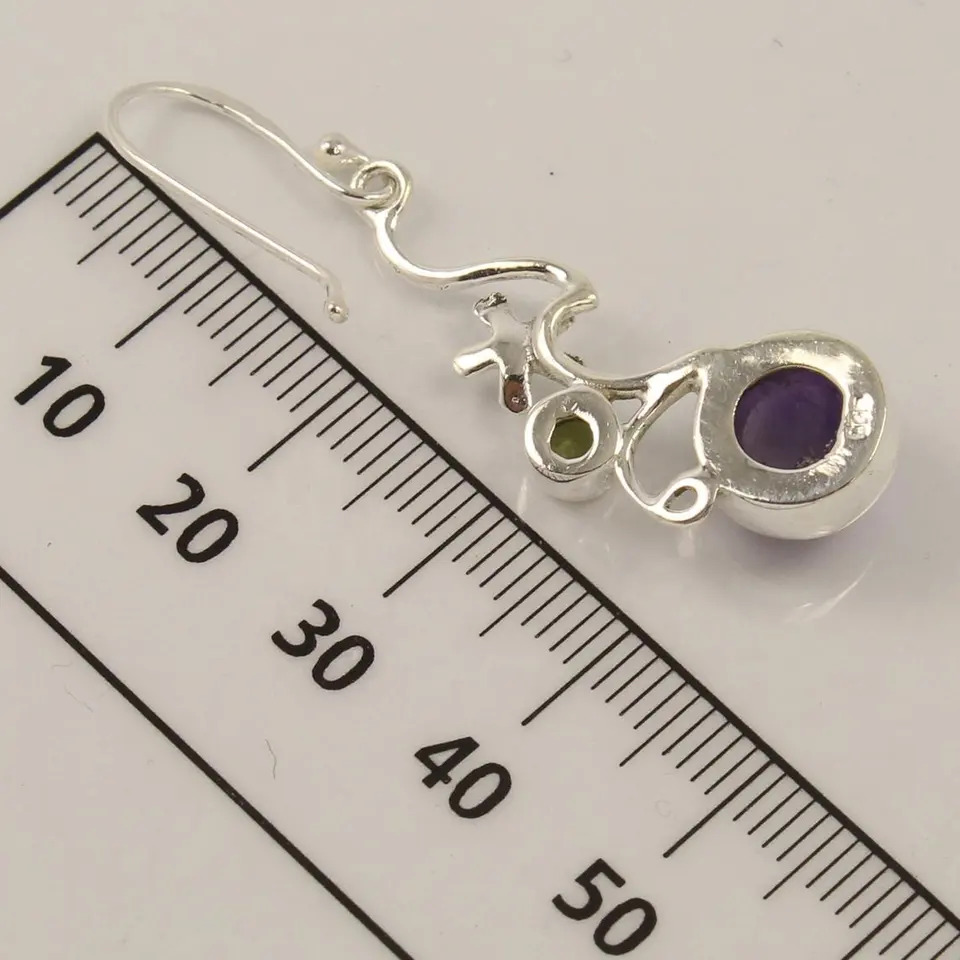 925 Sterling Silver Peridot And Amethyst Combination Beautiful Flower Art Earrings