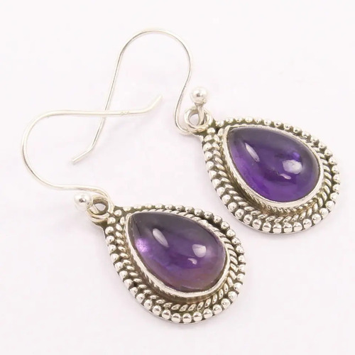 925 Sterling Silver Attractive Natural Amethyst Pear Gemstones Drop Earrings