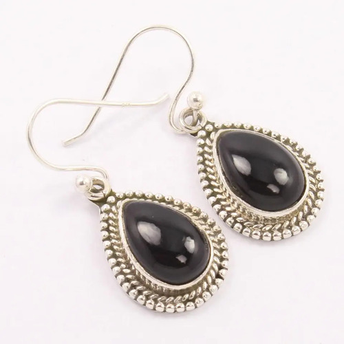 925 Sterling Silver Attractive Natural Black Onyx Pear Gemstones Drop Earrings