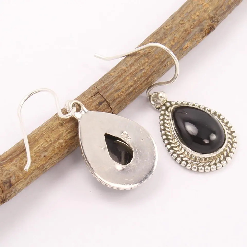 925 Sterling Silver Attractive Natural Black Onyx Pear Gemstones Drop Earrings