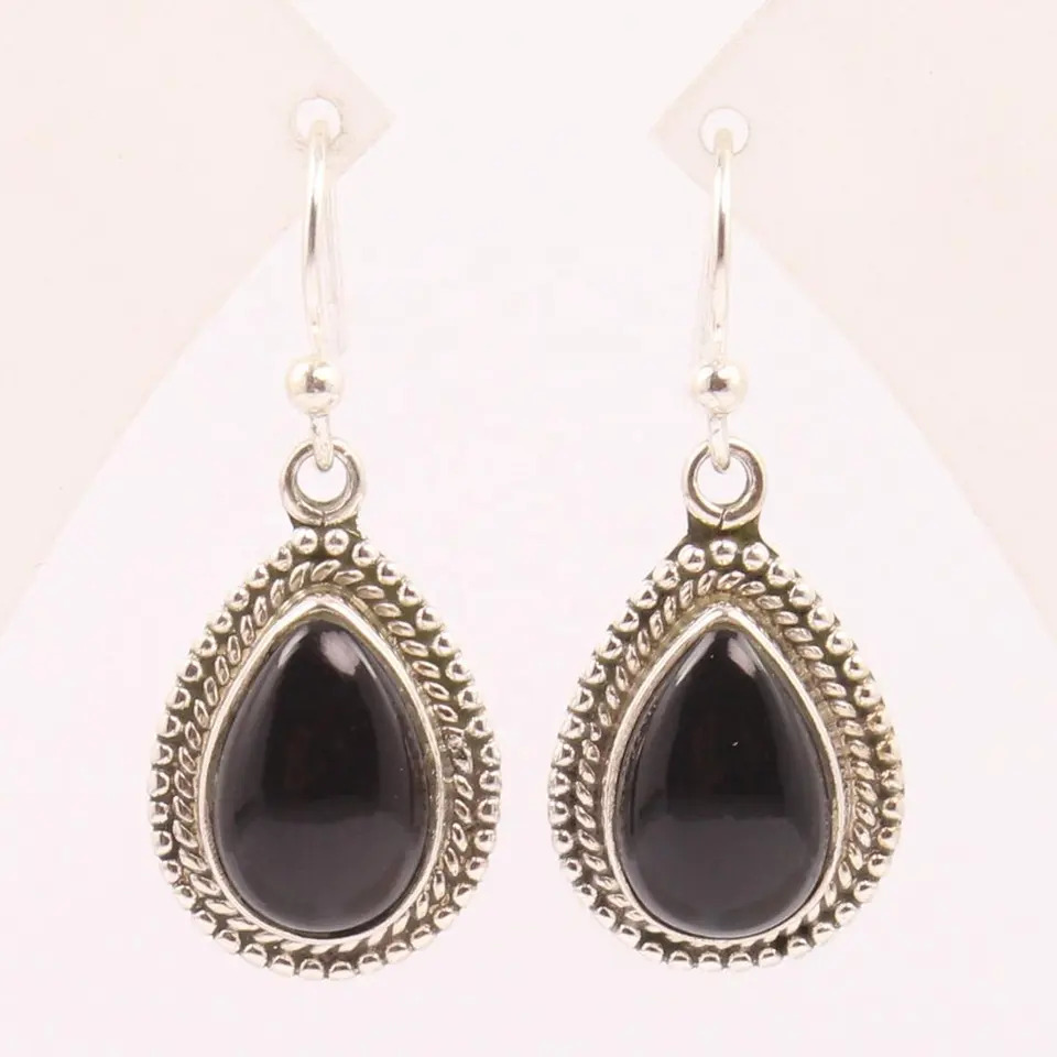 925 Sterling Silver Attractive Natural Black Onyx Pear Gemstones Drop Earrings