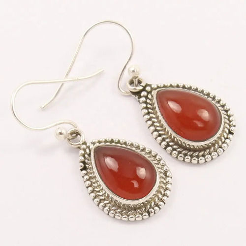 925 Sterling Silver Attractive Natural Carnelian Pear Gemstones Drop Earrings