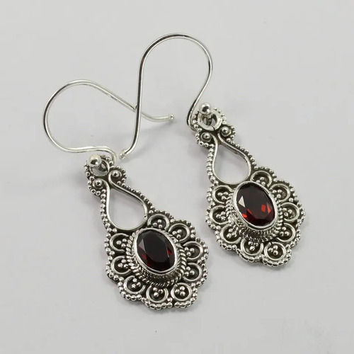 925 Sterling Silver Unique Genuine Garnet Faceted Gemstone Dangle Earrings