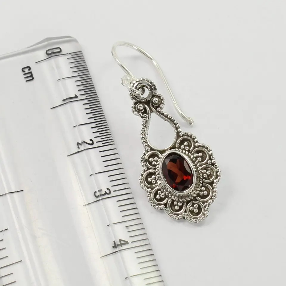 925 Sterling Silver Unique Genuine Garnet Faceted Gemstone Dangle Earrings