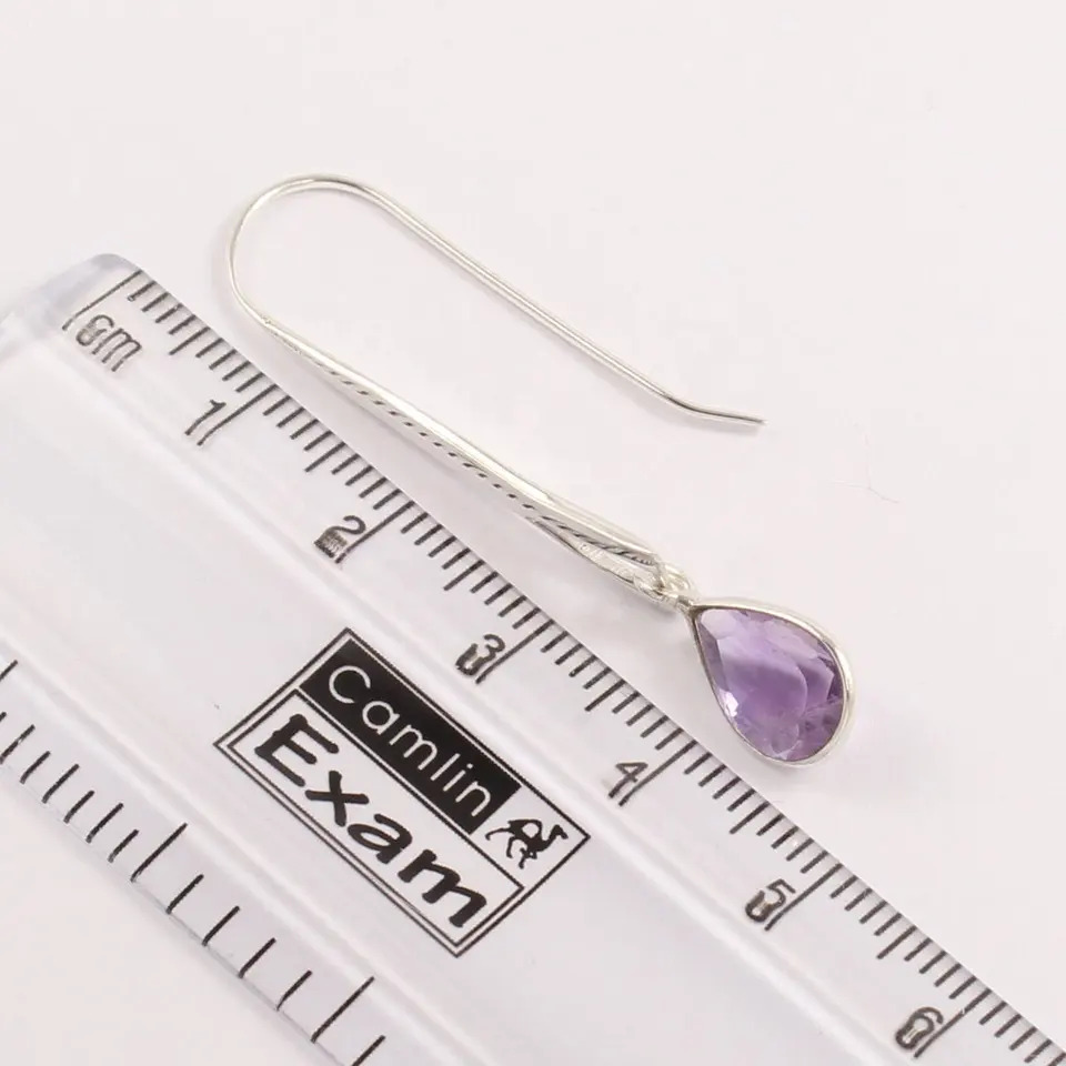925 Sterling Silver Attractive Natural Amethyst Pear Shape Drop Earrings