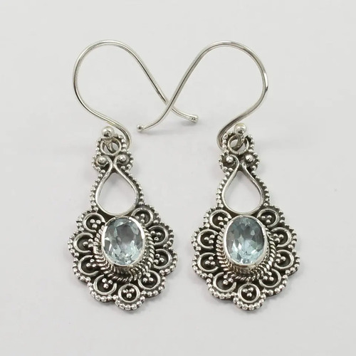 925 Sterling Silver Unique Natural Blue Topaz Faceted Stone Classic Style Earrings
