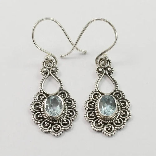 925 Sterling Silver Unique Natural Blue Topaz Faceted Stone Classic Style Earrings