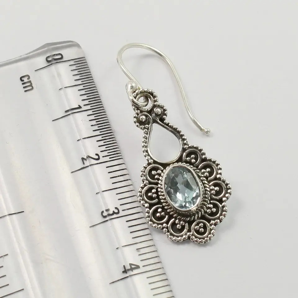 925 Sterling Silver Unique Natural Blue Topaz Faceted Stone Classic Style Earrings