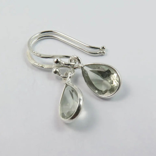 925 Sterling Silver Beautiful Natural Green Amethyst Pear Cute Drop Earrings
