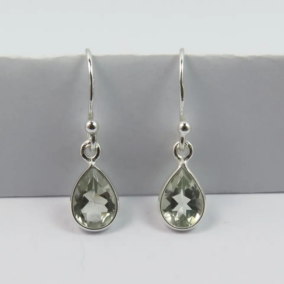 925 Sterling Silver Beautiful Natural Green Amethyst Pear Cute Drop Earrings
