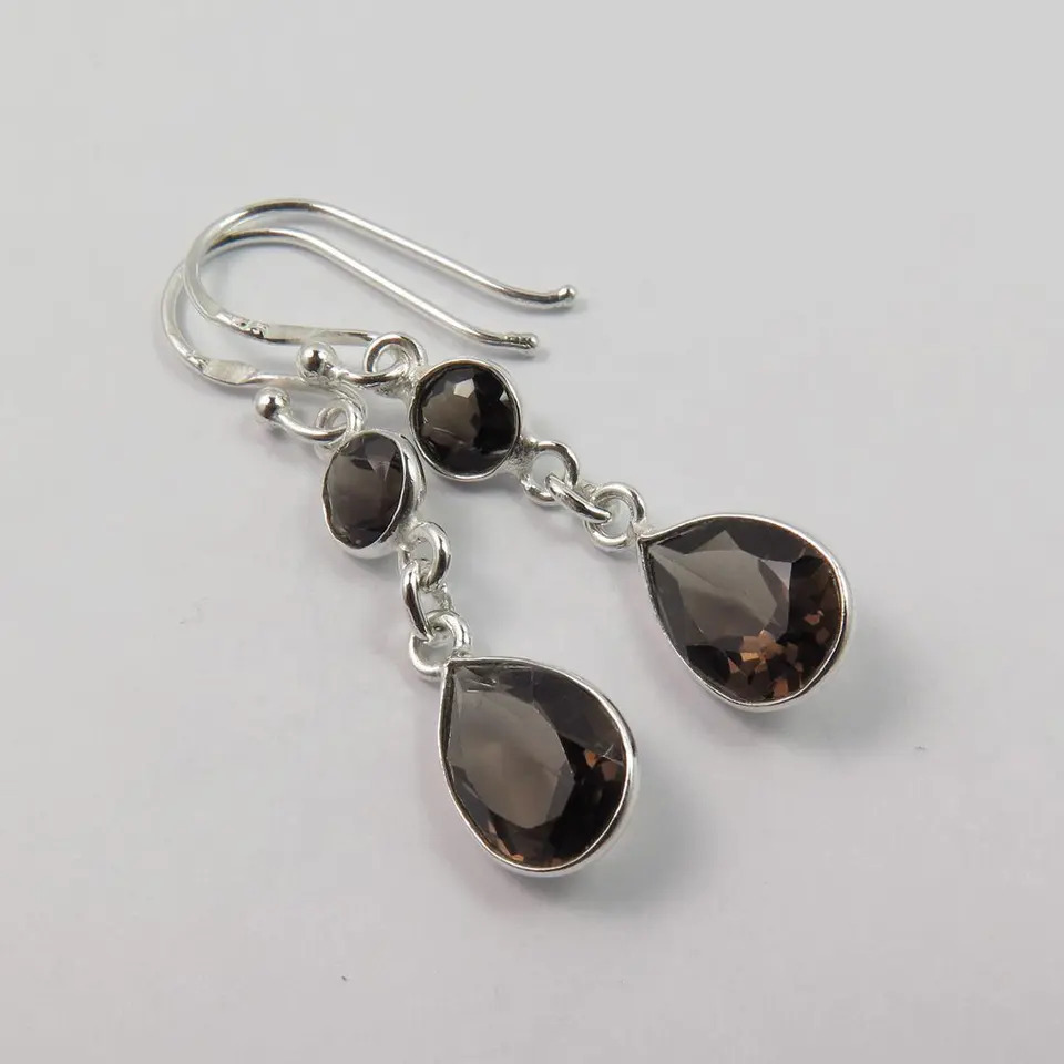 925 Sterling Silver Unique Natural Somky Quartz Chandelier Earrings