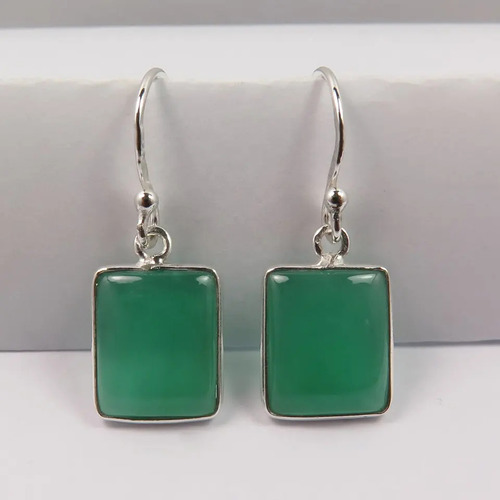 925 Sterling Silver Attractive Natural Green Onyx Delicate Dangle Earrings