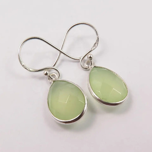 925 Sterling Silver Natural Green Sea Chalcedony Both Side Checker Faceted Gemstone Earrings