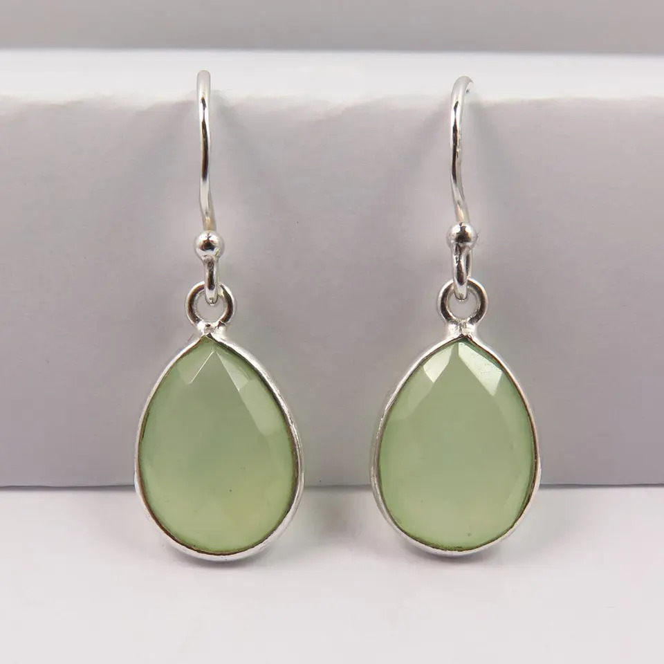 925 Sterling Silver Natural Green Sea Chalcedony Both Side Checker Faceted Gemstone Earrings