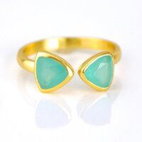 Aqua Chalcedony Gemstone Triangle Shape Bezel Set Gold Vermeil Adjustable Ring