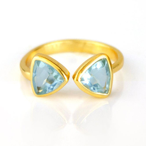 Blue Quartz Gemstone Triangle Shape Bezel Set Gold Vermeil Adjustable Ring