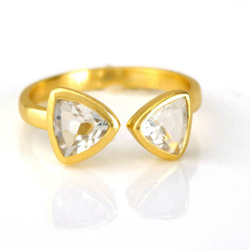 Clear Quartz Gemstone Triangle Shape Bezel Set Gold Vermeil Adjustable Ring