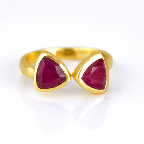 Dyed Ruby Gemstone Triangle Shape Bezel Set Gold Vermeil Adjustable Ring