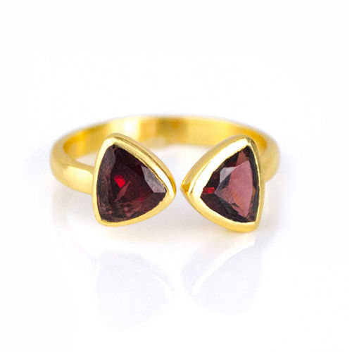 Garnet Quartz Gemstone Triangle Shape Bezel Set Gold Vermeil Adjustable Ring Size: 8Mm