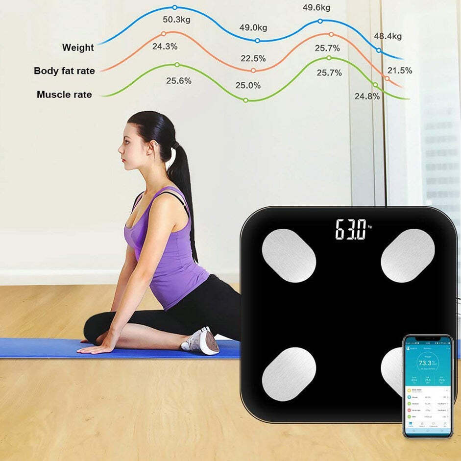 BLUETOOTH BODY FAT SCALE DIGITAL SMART BODY WEIGHT SCALE IOS AND ANDROID APP TO MANAGE BODY WEIGHT BODY FAT WATER MUSCLE MASS BMI BMR BONE MASS AND VISCERAL FAT WITH BMI SCALE (6327)