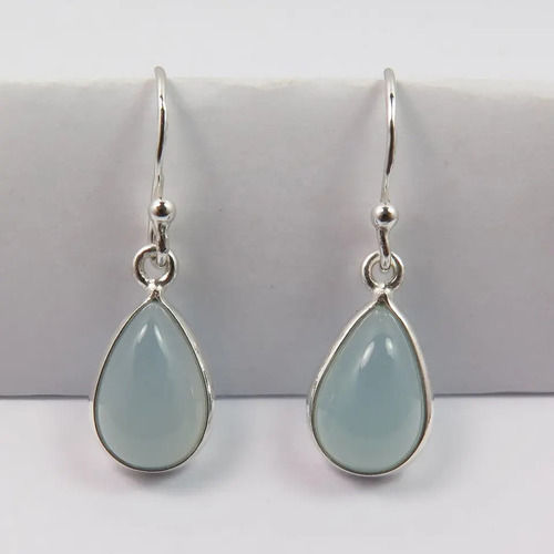 925 Sterling Silver Beautiful Natural Chalcedony Pear Faceted Stone Earrings