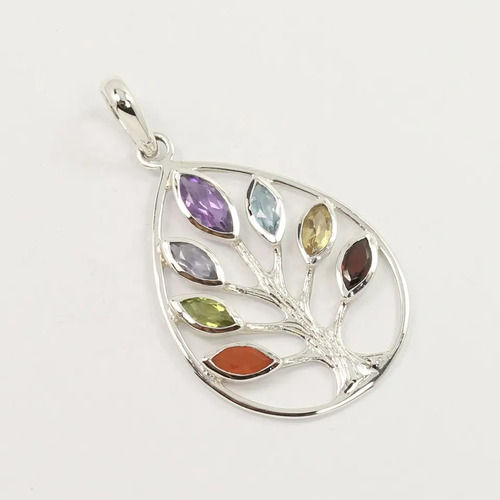 925 Sterling Silver Multi Stones Balancing Healing Chakra Tree Pendant