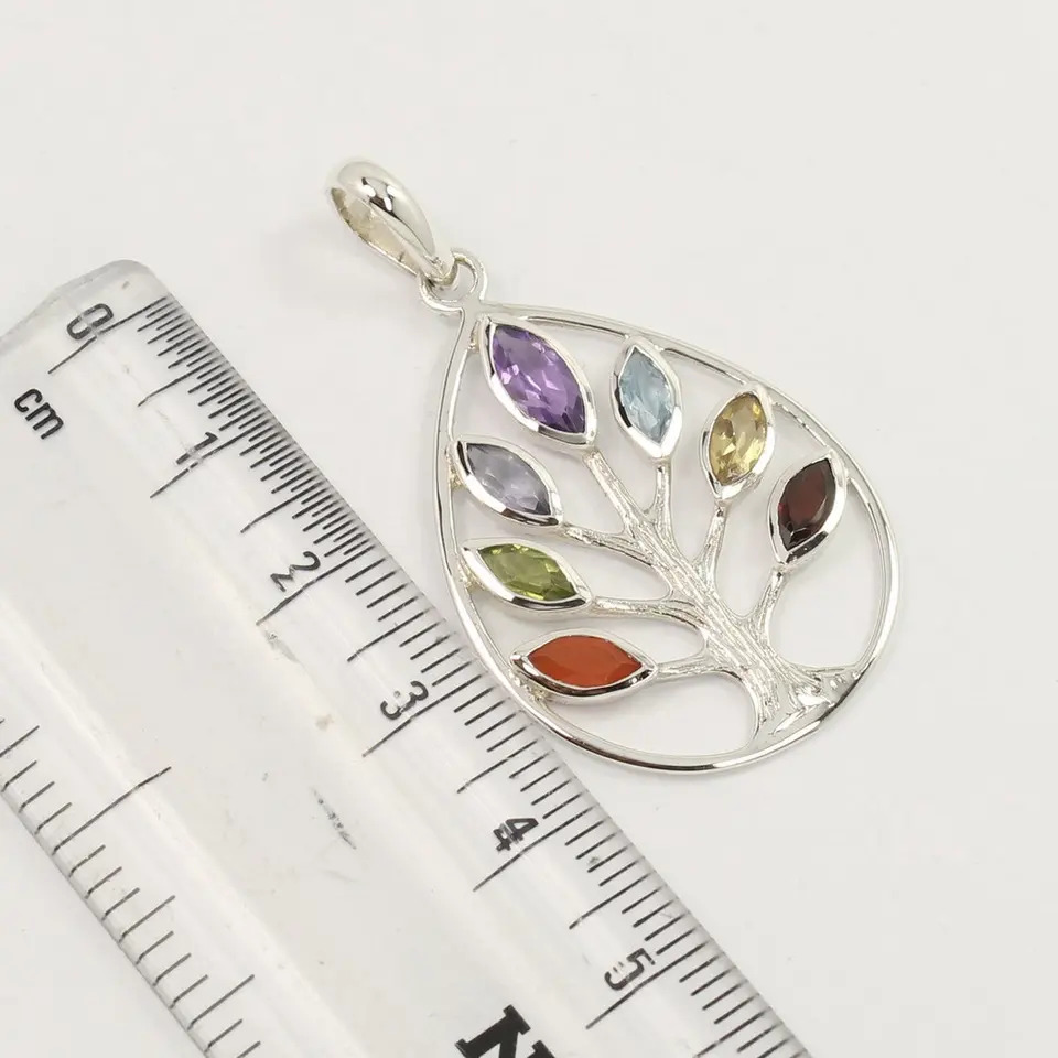 925 Sterling Silver Multi Stones Balancing Healing Chakra Tree Pendant