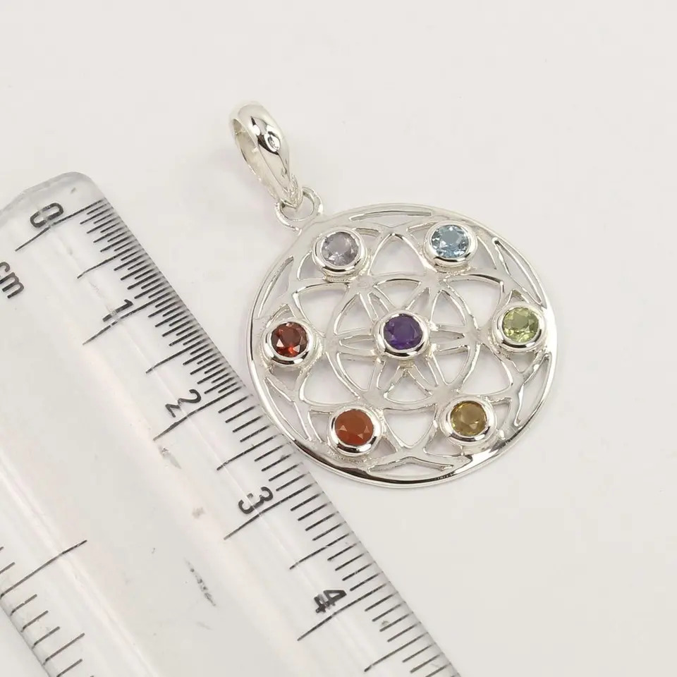 925 Sterling Silver Attractive Multi Stone Healing chakra Round pendant