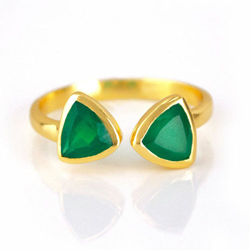 Green Onyx Gemstone Triangle Shape Bezel Set Gold Vermeil Adjustable Ring