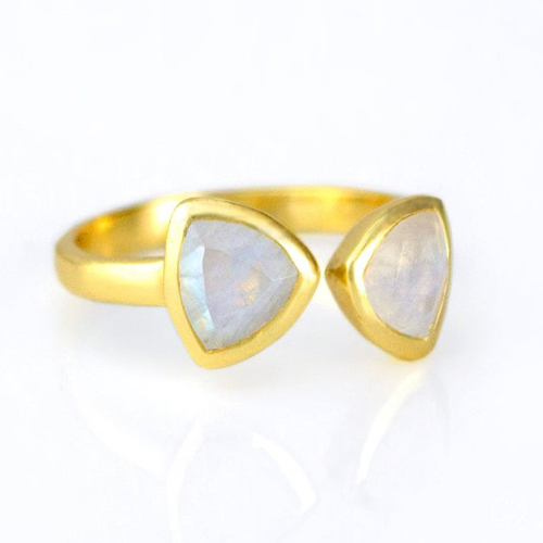 Rainbow Moonstone Gemstone Triangle Shape Bezel Set Gold Vermeil Adjustable Ring