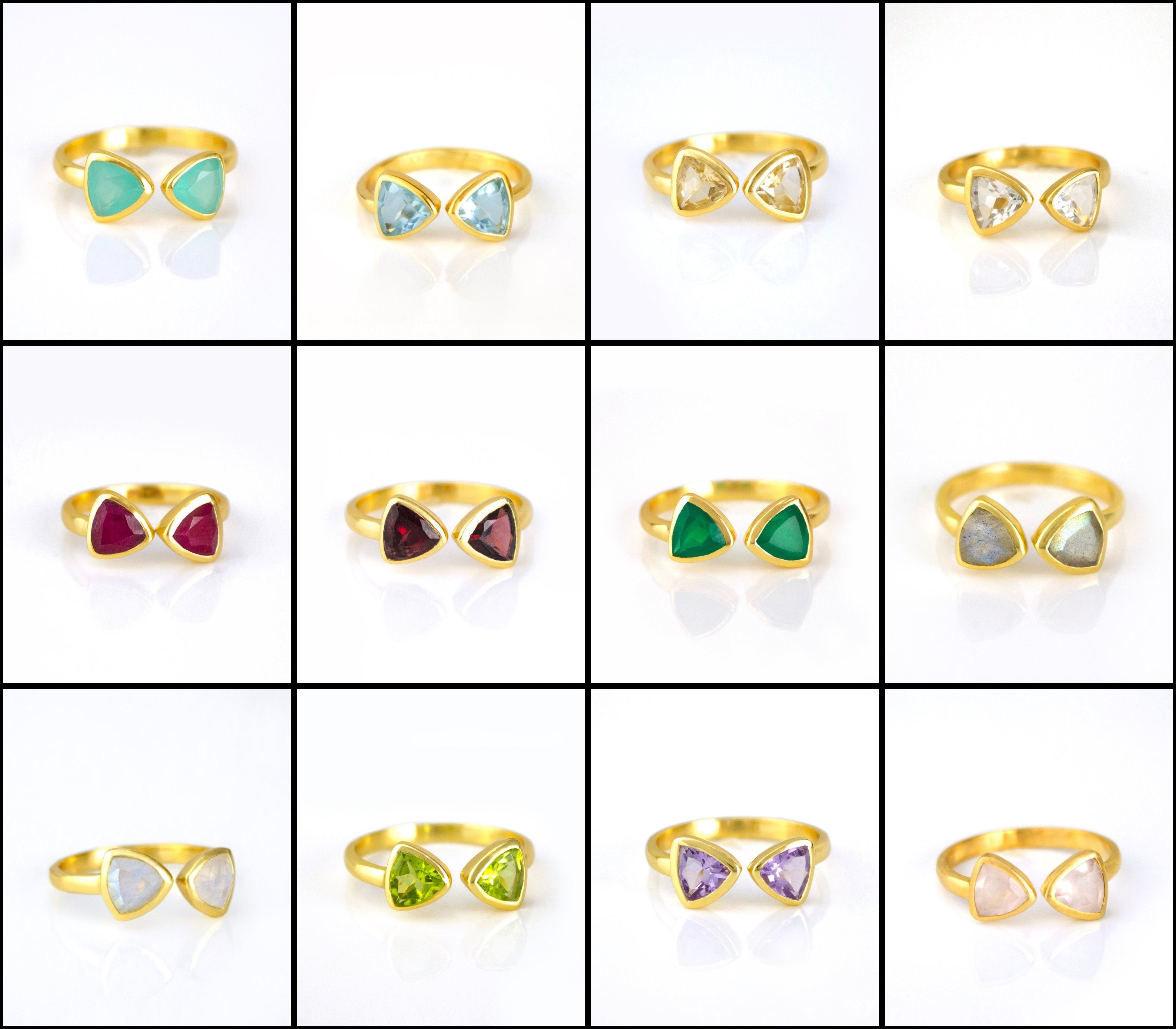 Rainbow Moonstone Gemstone Triangle Shape Bezel Set Gold Vermeil Adjustable Ring