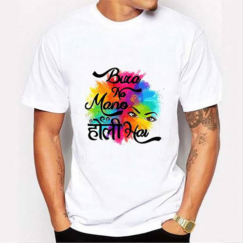 White Printed Holi Tshirt For Men