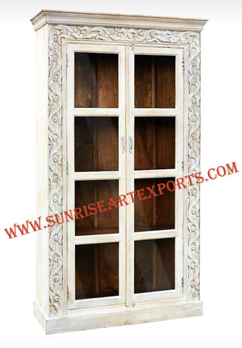 Solid Wood Bookshelf Cabinet - Mango Wood, White Finish , Eco-Friendly, Durable Design with Glass Doors and Minimalist Knobs