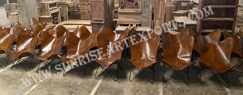 Butterfly Leather Chair - Genuine Leather Sling, Rustic Wooden Backrest, Black Iron Frame | Durable, Eco-Friendly Indoor/Outdoor Furniture