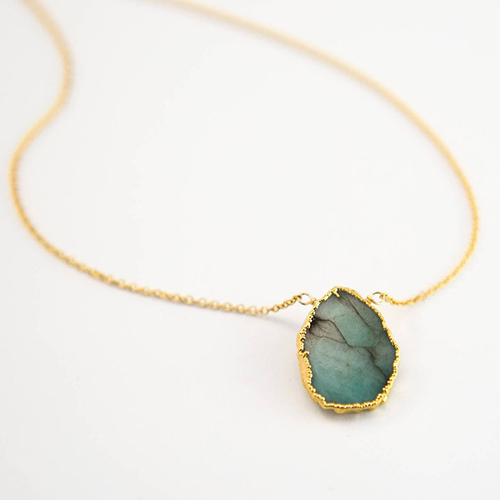 Emerald Gemstone Slice Sterling Silver Gold Vermeil Necklace