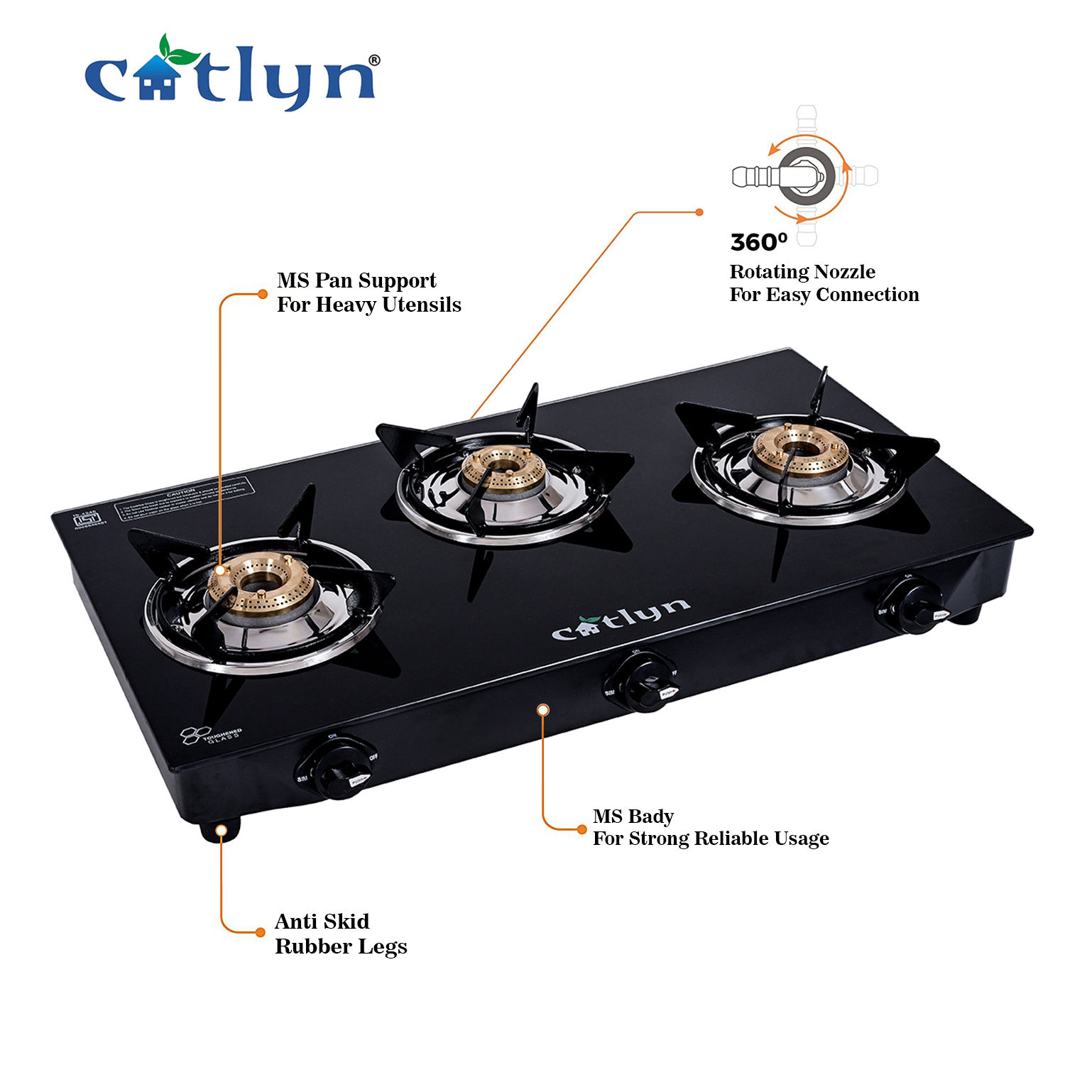 Three Burner Black Glass Stove With SS Frame (Candid 3B MS)