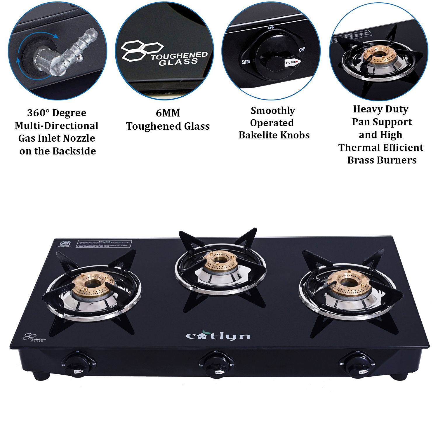 Three Burner Black Glass Stove With SS Frame (Candid 3B MS)