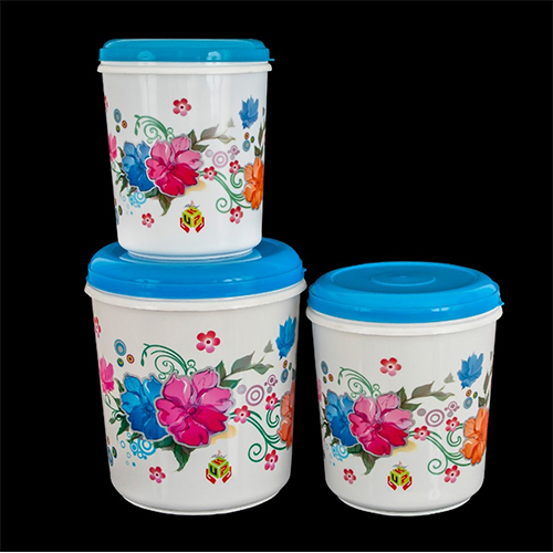Printed Plastic Storage Container - Round, White & Blue | Eco-Friendly Airtight Design, Set of 3, Multi-Purpose Kitchen Use, Transparent Finish