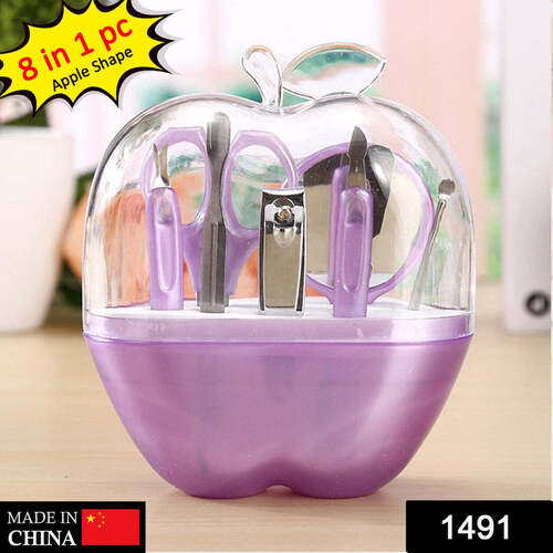 8 IN 1 APPLE SHAPE MANICURE SET (1491) - Stainless Steel Compact Size Multi-Color | Includes Nail Clippers Eyebrow Shaper Leather Case Travel Friendly
